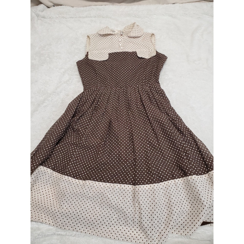 Vintage Adele Marcin Brown Cream Polka Dot Midi Dress XS Boho Chic Retro Cottage